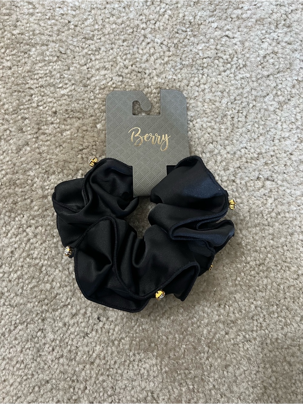 cupcakes & cashmere Black Satin Scrunchie with Gold Bead Detail